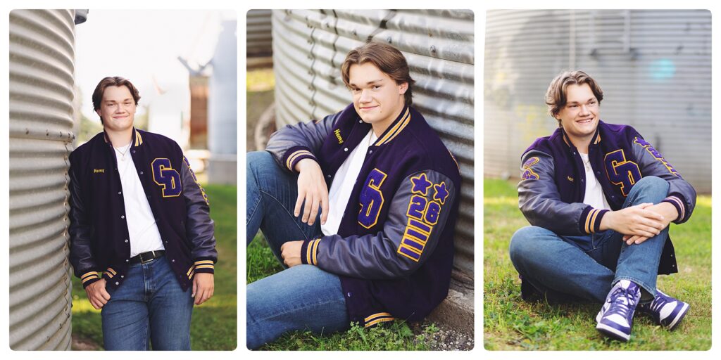 High School senior boy in Purple letterman's jacket posing for senior photos.