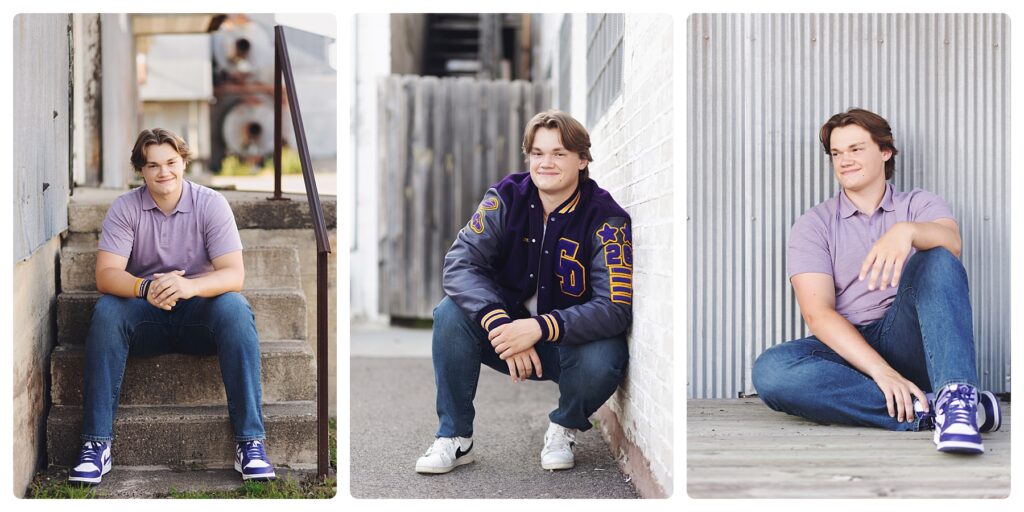 High School Senior boy in purple letterman's jacket